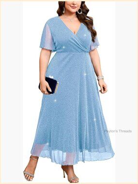 Plus Size Sparkly Maxi Dress V-Neck Wrap Ruffle Sleeve A-Line Glitter Gown